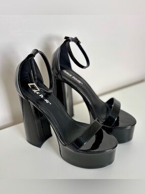 Black Patent Platform Ankle-Strap Heels - Public Desire Size 9